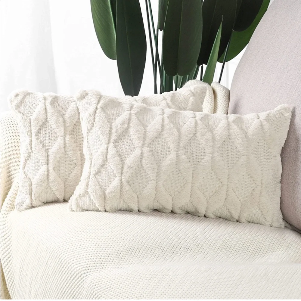 Luxury Home | Cream Soft Plush Short Wool Luxe Lumbar Throw Pillow Covers